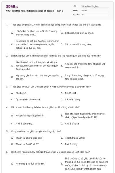 920+ câu trắc nghiệm Luật giáo dục có đáp án - Phần 5