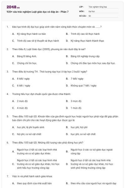 920+ câu trắc nghiệm Luật giáo dục có đáp án - Phần 7