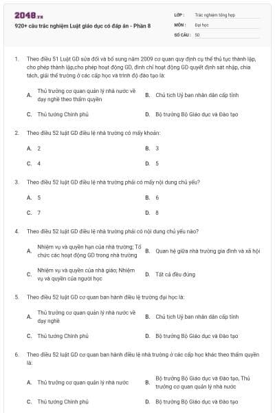 920+ câu trắc nghiệm Luật giáo dục có đáp án - Phần 8