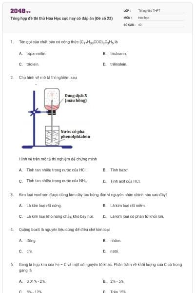 Tổng hợp đề thi thử Hóa Học cực hay có đáp án (Đề số 23)