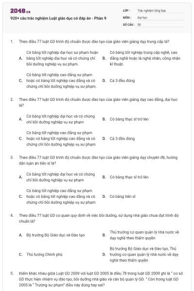 920+ câu trắc nghiệm Luật giáo dục có đáp án - Phần 9