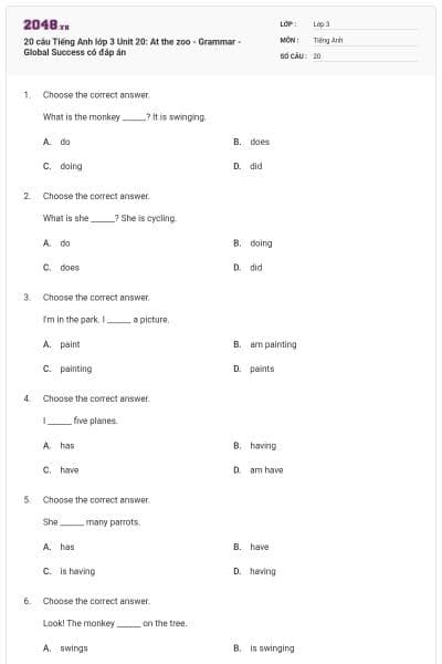 20 câu Tiếng Anh lớp 3 Unit 20: At the zoo - Grammar - Global Success có đáp án