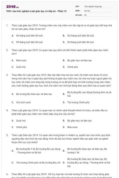 920+ câu trắc nghiệm Luật giáo dục có đáp án - Phần 12