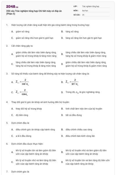 350 câu Trắc nghiệm tổng hợp Chi tiết máy có đáp án (Phần 5)