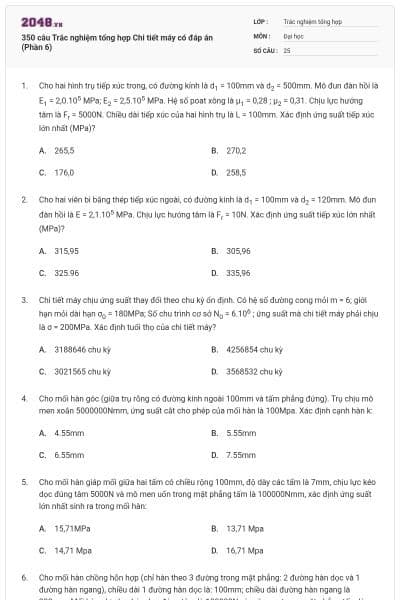 350 câu Trắc nghiệm tổng hợp Chi tiết máy có đáp án (Phần 6)
