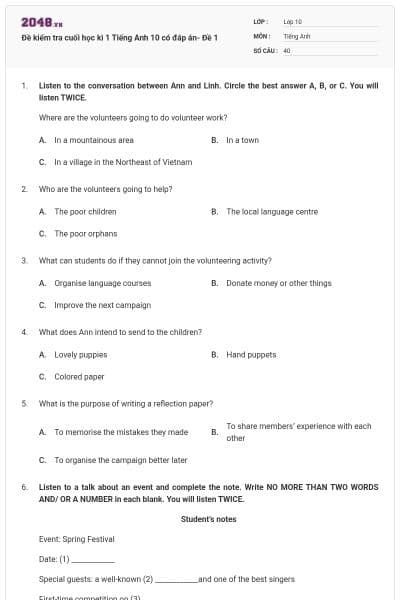 Đề kiểm tra cuối học kì 1 Tiếng Anh 10 có đáp án- Đề 1