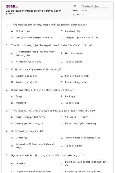 350 câu Trắc nghiệm tổng hợp Chi tiết máy có đáp án (Phần 11)