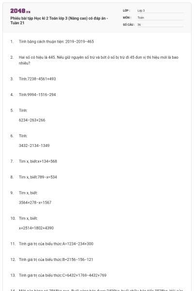 Phiếu bài tập Học kì 2 Toán lớp 3 (Nâng cao) có đáp án -Tuần 21