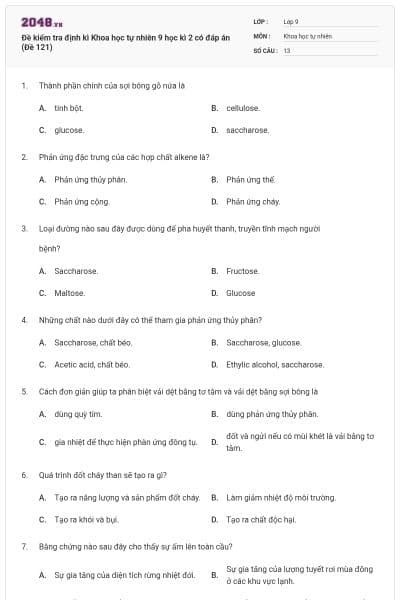 Đề kiểm tra định kì Khoa học tự nhiên 9 học kì 2 có đáp án (Đề 121)