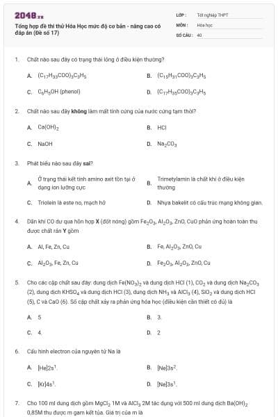 Tổng hợp đề thi thử Hóa Học mức độ cơ bản - nâng cao có đáp án (Đề số 17)