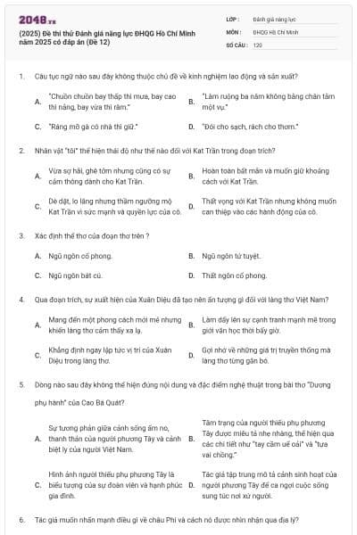 (2025) Đề thi thử Đánh giá năng lực ĐHQG Hồ Chí Minh năm 2025 có đáp án (Đề 12)