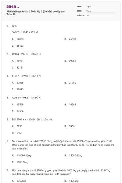 Phiếu bài tập Học kì 2 Toán lớp 3 (Cơ bản) có đáp án - Tuần 30