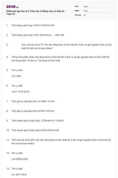 Phiếu bài tập Học kì 2 Toán lớp 3 (Nâng cao) có đáp án -Tuần 23