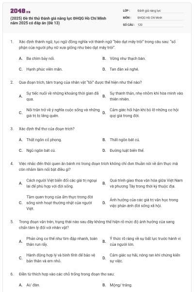(2025) Đề thi thử Đánh giá năng lực ĐHQG Hồ Chí Minh năm 2025 có đáp án (Đề 13)