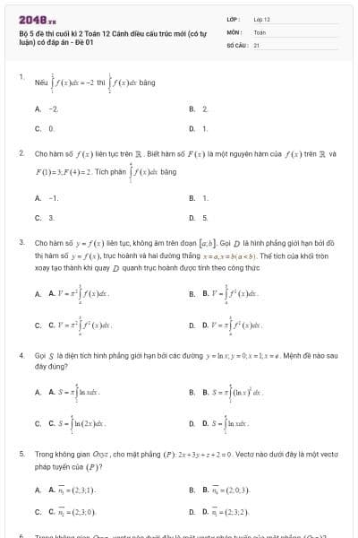 Bộ 5 đề thi cuối kì 2 Toán 12 Cánh diều cấu trúc mới (có tự luận) có đáp án - Đề 01
