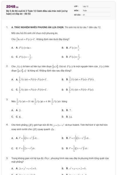 Bộ 5 đề thi cuối kì 2 Toán 12 Cánh diều cấu trúc mới (có tự luận) có đáp án - Đề 02