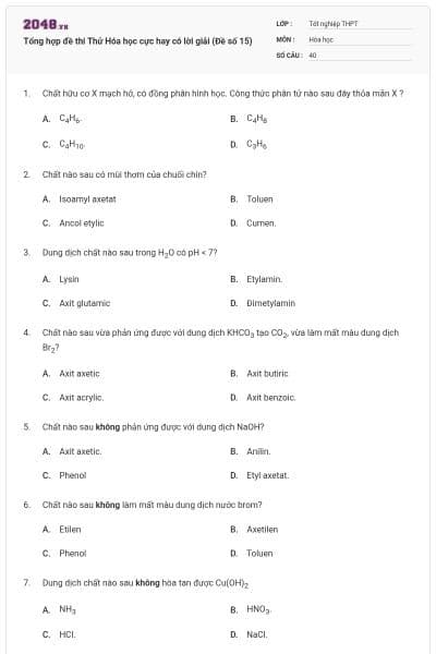 Tổng hợp đề thi Thử Hóa học cực hay có lời giải (Đề số 15)