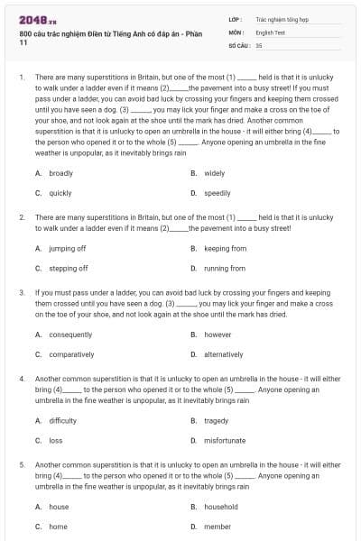 800 câu trắc nghiệm Điền từ Tiếng Anh có đáp án - Phần 11