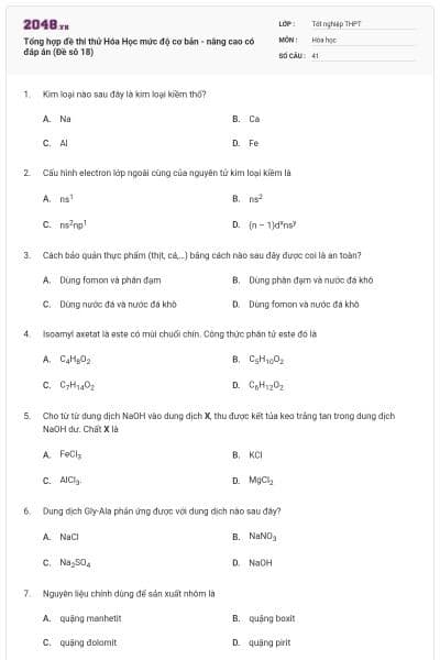 Tổng hợp đề thi thử Hóa Học mức độ cơ bản - nâng cao có đáp án (Đề sô 18)