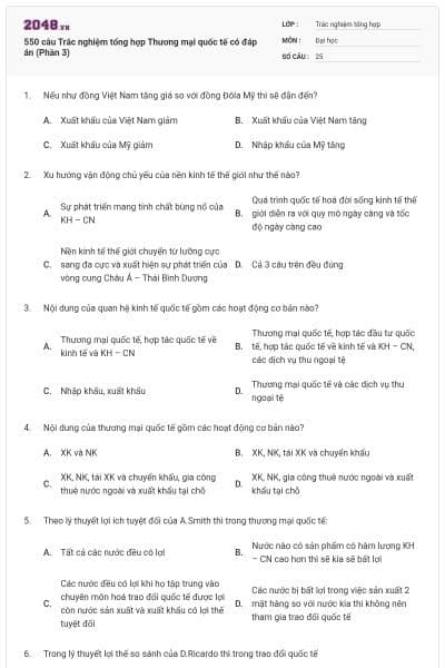 550 câu Trắc nghiệm tổng hợp Thương mại quốc tế có đáp án (Phần 3)