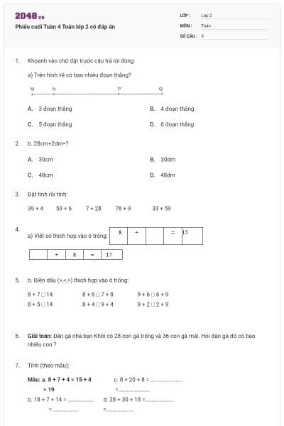 Phiếu cuối Tuần 4 Toán lớp 2 có đáp án