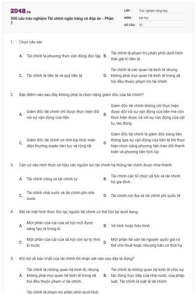 500 câu trắc nghiệm Tài chính ngân hàng có đáp án - Phần 7