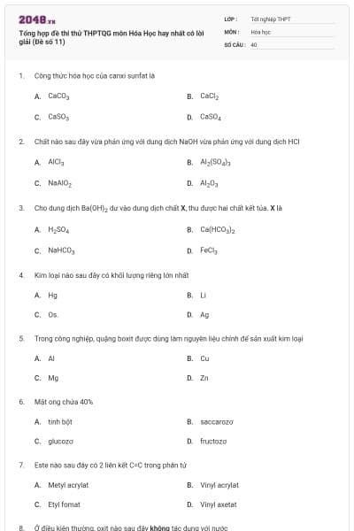 Tổng hợp đề thi thử THPTQG môn Hóa Học hay nhất có lời giải (Đề số 11)