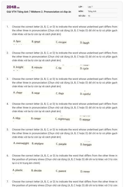 Giải VTH Tiếng Anh 7 Midterm 2. Pronunciation có đáp án