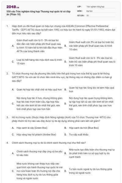 550 câu Trắc nghiệm tổng hợp Thương mại quốc tế có đáp án (Phần 18)