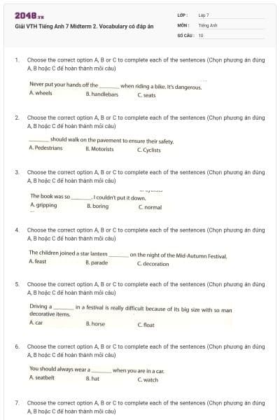 Giải VTH Tiếng Anh 7 Midterm 2. Vocabulary có đáp án