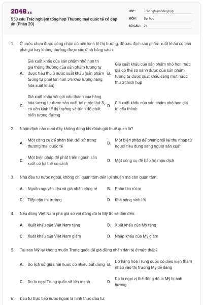 550 câu Trắc nghiệm tổng hợp Thương mại quốc tế có đáp án (Phần 20)