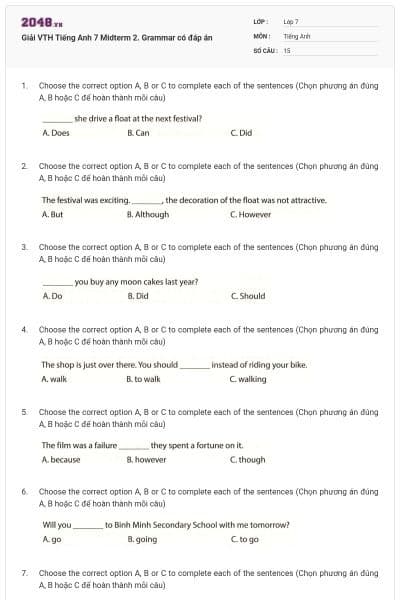 Giải VTH Tiếng Anh 7 Midterm 2. Grammar có đáp án