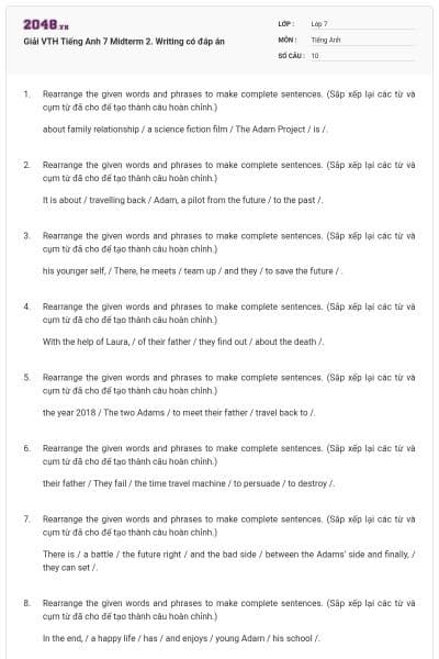 Giải VTH Tiếng Anh 7 Midterm 2. Writing có đáp án