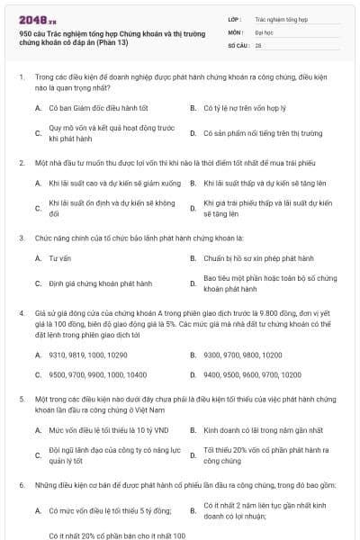 950 câu Trắc nghiệm tổng hợp Chứng khoán và thị trường chứng khoán có đáp án (Phần 13)