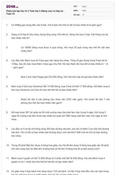 Phiếu bài tập Học kì 2 Toán lớp 3 (Nâng cao) có đáp án -Tuần 25