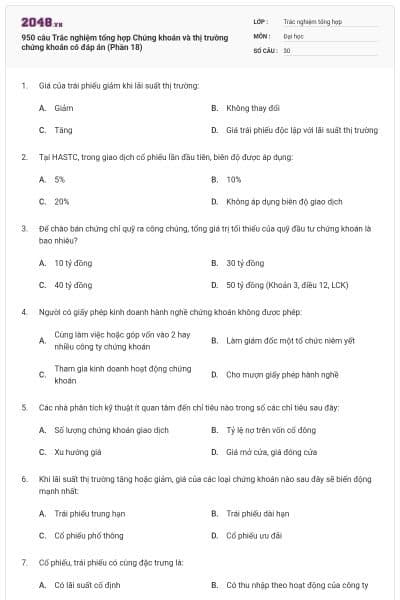 950 câu Trắc nghiệm tổng hợp Chứng khoán và thị trường chứng khoán có đáp án (Phần 18)