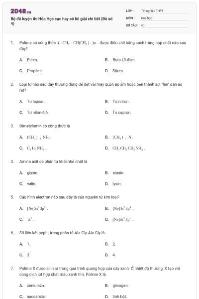 Bộ đề luyện thi Hóa Học cực hay có lời giải chi tiết (Đề số 4)
