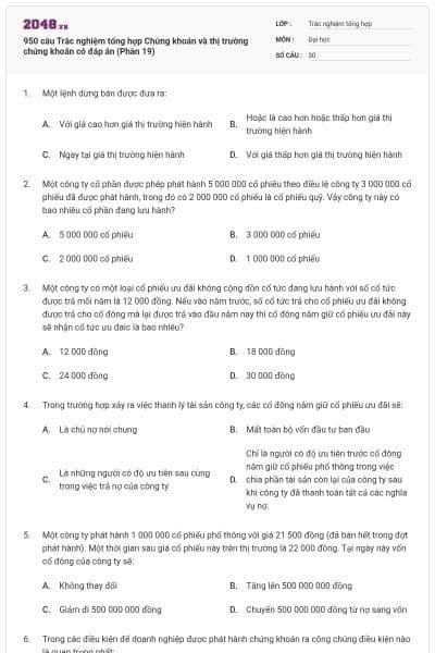 950 câu Trắc nghiệm tổng hợp Chứng khoán và thị trường chứng khoán có đáp án (Phần 19)