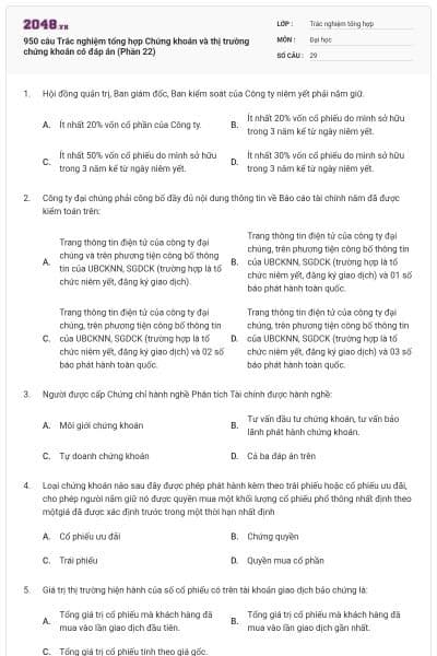 950 câu Trắc nghiệm tổng hợp Chứng khoán và thị trường chứng khoán có đáp án (Phần 22)