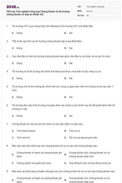 950 câu Trắc nghiệm tổng hợp Chứng khoán và thị trường chứng khoán có đáp án (Phần 24)