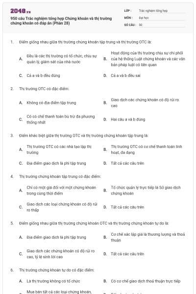 950 câu Trắc nghiệm tổng hợp Chứng khoán và thị trường chứng khoán có đáp án (Phần 28)