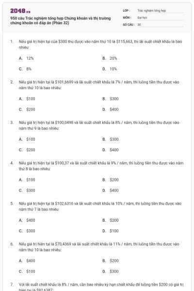 950 câu Trắc nghiệm tổng hợp Chứng khoán và thị trường chứng khoán có đáp án (Phần 32)