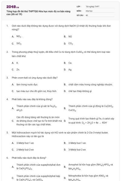 Tổng hợp đề thi thử THPTQG Hóa học mức độ cơ bản nâng cao (đề số 19)