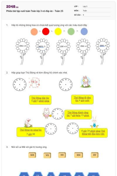 Phiếu bài tập cuối tuần Toán lớp 3 có đáp án - Tuần 25