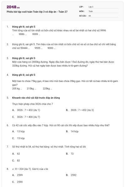 Phiếu bài tập cuối tuần Toán lớp 3 có đáp án - Tuần 27