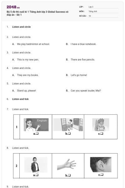 Bộ 5 đề thi cuối kì 1 Tiếng Anh lớp 3 Global Success có đáp án - Đề 1