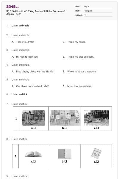Bộ 5 đề thi cuối kì 1 Tiếng Anh lớp 3 Global Success có đáp án - Đề 2