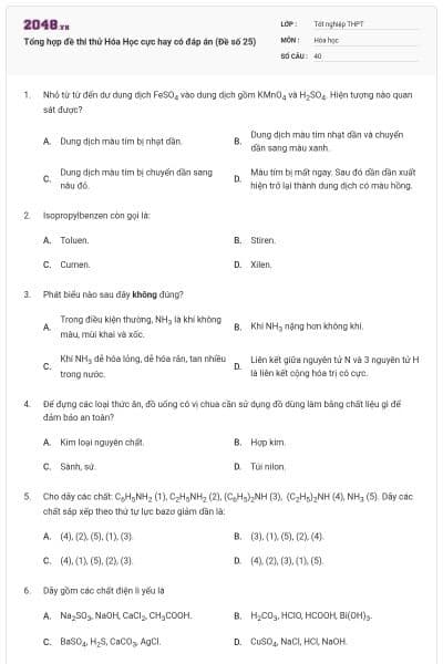 Tổng hợp đề thi thử Hóa Học cực hay có đáp án (Đề số 25)