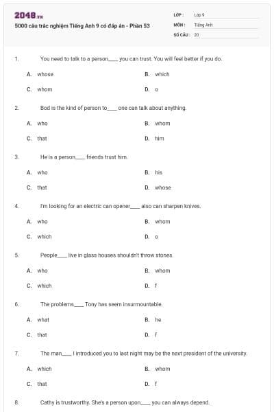 5000 câu trắc nghiệm Tiếng Anh 9 có đáp án - Phần 53