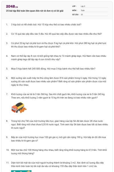 25 bài tập Bài toán liên quan đến rút về đơn vị có lời giải
